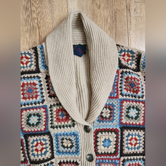 RARE Women's RALPH LAUREN Hand Knit Patchwork Crochet Lambs Wool Cardigan L Belt - Picture 8 of 9